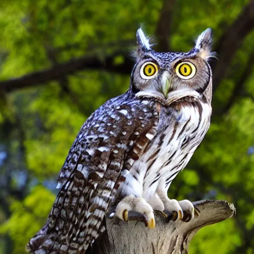 Prompt: winged cat owl hybrid perched on a tree