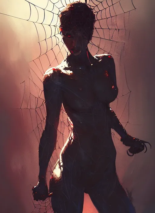 Image similar to painting of a woman in a spider web, highly detailed, digital painting, concept art, smooth, sharp focus, illustration, illustration by greg rutkowski, yoji shinkawa, 4 k, digital art, concept art, trending on artstation, 8 k