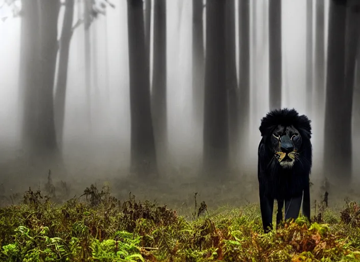 Prompt: professional wildlife photograph of a black lion standing in a foggy misty black dark jungle at night, surrounded by dense dark trees at night, moss, ferns, cinematic lighting, apex predator, natgeo