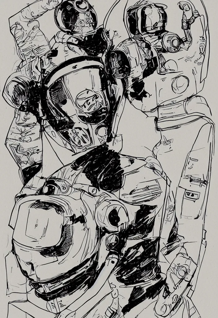 Image similar to male, heroic figure, space suit with a modern helmet, science fiction, sketch, character sheet, very stylized, digital art, illustration on kraft paper, pen and ink, digital painting, by mike mignola, by alex maleev
