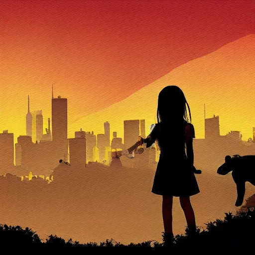 Image similar to digital art cyberpunk landscape silhouette of young girl holding a teddy bear in the foreground