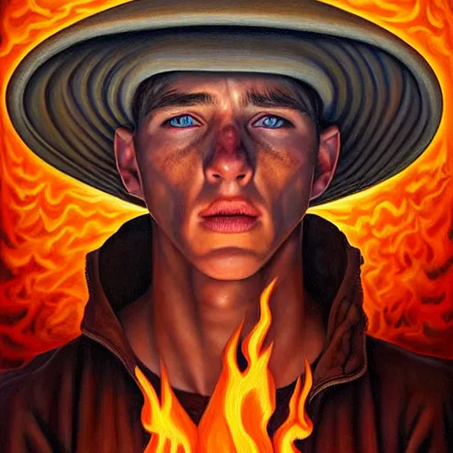 Prompt: a hyper realistic painting of a young fire - man, by jeffrey smith, by andrea kowch