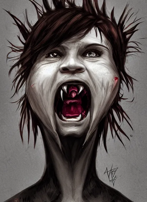 Image similar to portrait of a monsterous child with fangs and wild hair, digital art, trending on artstation