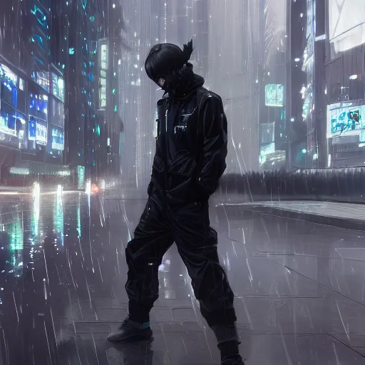 Prompt: killua zoldyck, rain, techwear, streetwear, cyberpunk style outfit, greg rutkowski, artgerm, ross tran, takato yomamoto, wlop, ilya kuvshinov, intricate complexity, detailed portrait, 4 k, cinematic lighting, artstation, sharp focus, smooth, makoto shinkai