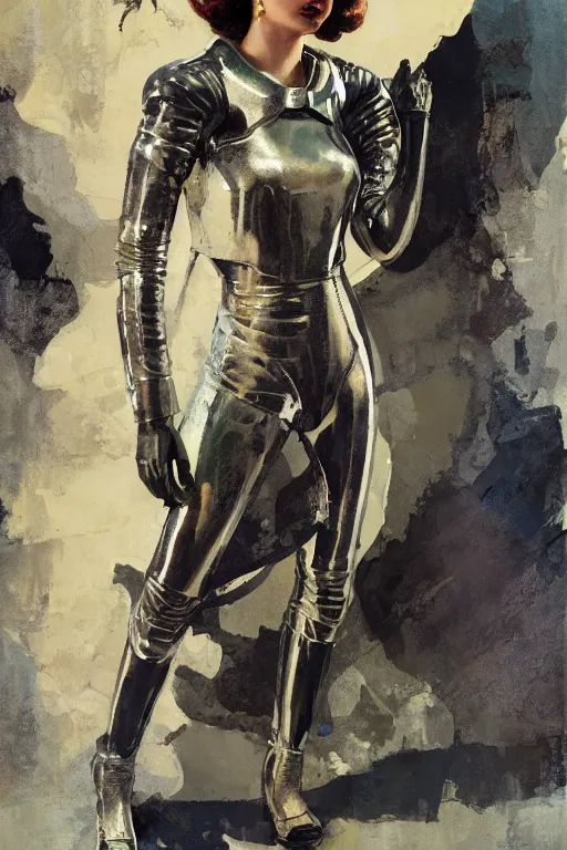 Image similar to pulp scifi fantasy illustration full body portrait of elegant woman wearing leather and metal spacesuit, by norman rockwell, jack kirby, bergey, craig mullins, ruan jia, jeremy mann, tom lovell, 5 0 s, astounding stories, amazing, fantasy, other worlds