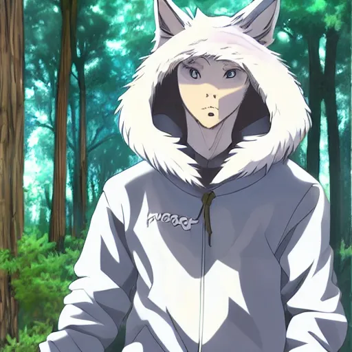 Image similar to key anime visual portrait of a handsome male anthro wolf furry fursona with beautiful eyes, wearing a hoodie in the forest, official modern animation