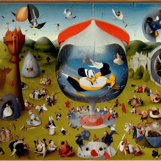 Image similar to donald duck in the garden of earthly delights by hieronymus bosch, hyper detailed, photorealistic, trending on artstation, rule of thirds, super sharp, crispy.