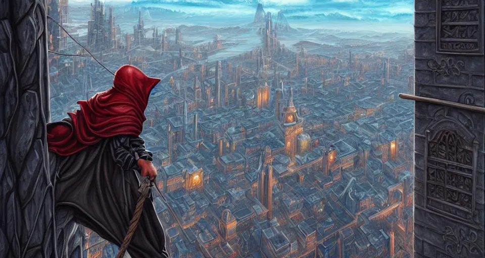 Image similar to landscape painting of a hooded thief in leathers using a rope to climb a tall building with a fantasy city, fine details, magali villeneuve, artgerm, rutkowski