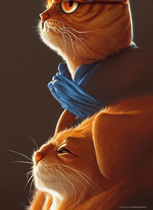 Image similar to portrait of Garfield, highly detailed, centered, solid color background, digital painting, artstation, concept art, smooth, sharp focus, illustration, artgerm, donato giancola, Joseph Christian Leyendecker, Les Edwards, Ed Repka, WLOP, Artgerm