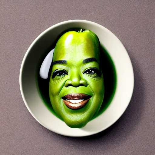Prompt: a dish of oprah winfreys face fused with okra veg with green stalky ( ( green oprah winfrey's face ) ), okra shaped stalk nose, oprah okra winfrey sentient veg, by greg rutkowski