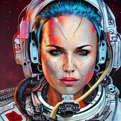 Prompt: high quality high detail painting by josan gonzalez and brian viveros, hd, exaggerated portrait of female astronaut,