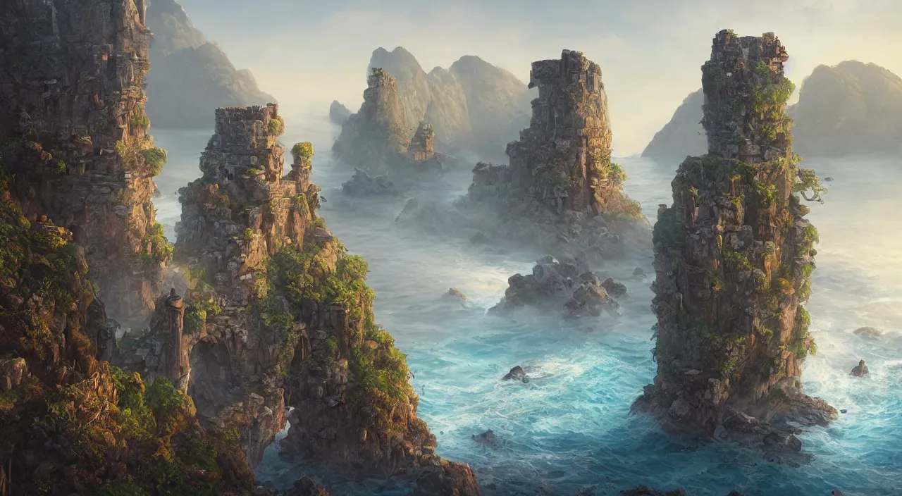 Image similar to hyper realistic detailed matte painting of stone tower ruins on a rocky cliff, calm foggy sea in the background, sunset lighting, hyperdetailed unreal engine 8 k ultra hd, stanley artgerm lau, rossdraws, james jean marc simonetti ruan jia and mandy jurgens and artgerm and william illustration, digital art, concept art