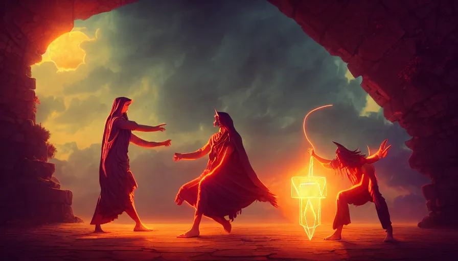 Prompt: solomonic magician summons a demon into a triangle, epic scene, highly detailed, high quality, 8 k, 4 k, octane render, digital painting, alena aenami, lilia alvarado, shinji aramaki, karol bak, alphonse mucha, tom bagshaw