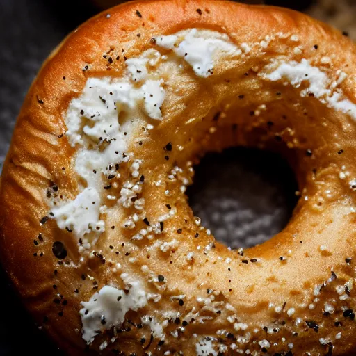 Prompt: an extreme close up of a new york city bagel with cream cheese, mouth watering, 80mm macro lens