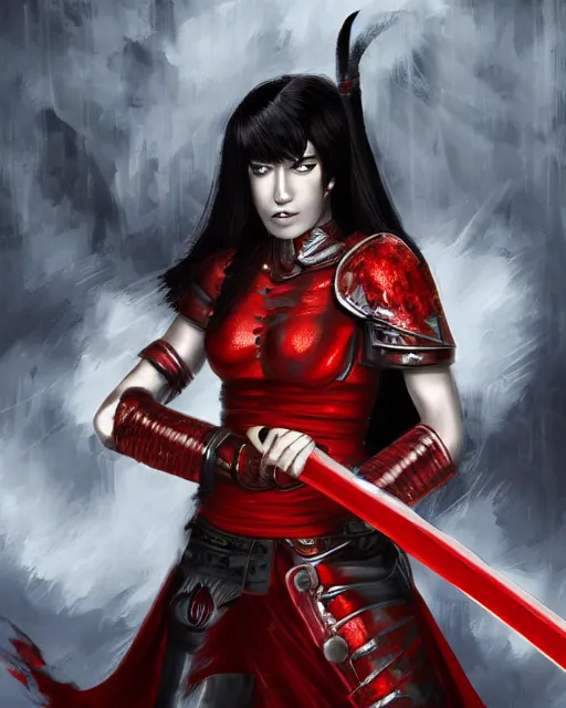 Prompt: digital art of a female warrior with black hair and red eyes, wearing red armor, holding a flaming sword