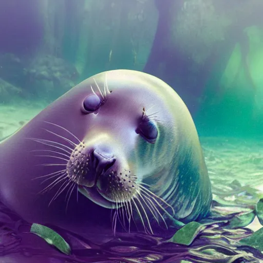 Prompt: A seal sleeping peacefully in a kelp forest, Prince in pastel, cinematic, hyper realistic, detailed, 8k, octane render.