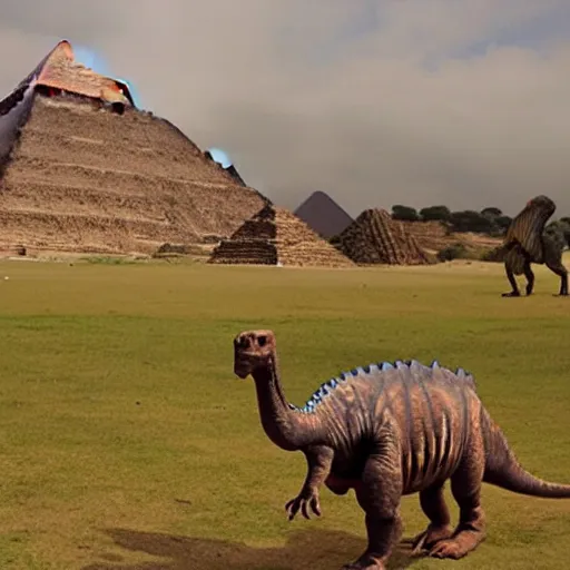 Prompt: dinosaur walking with the aztecs, pyramids in the background