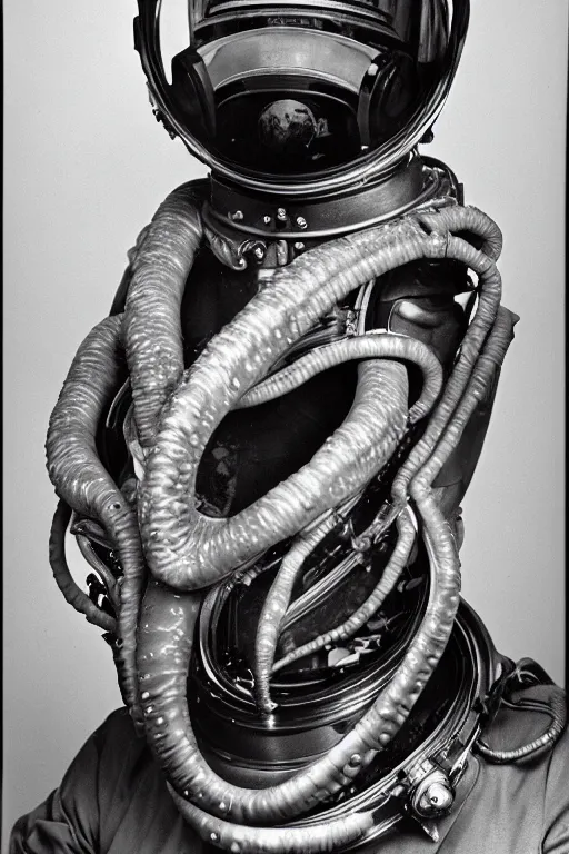 Prompt: extremely detailed studio portrait of space astronaut, alien tentacle protruding from eyes and mouth, slimy tentacle breaking through helmet visor, shattered visor, full body, soft light, disturbing, shocking realization, award winning photo by james van der zee