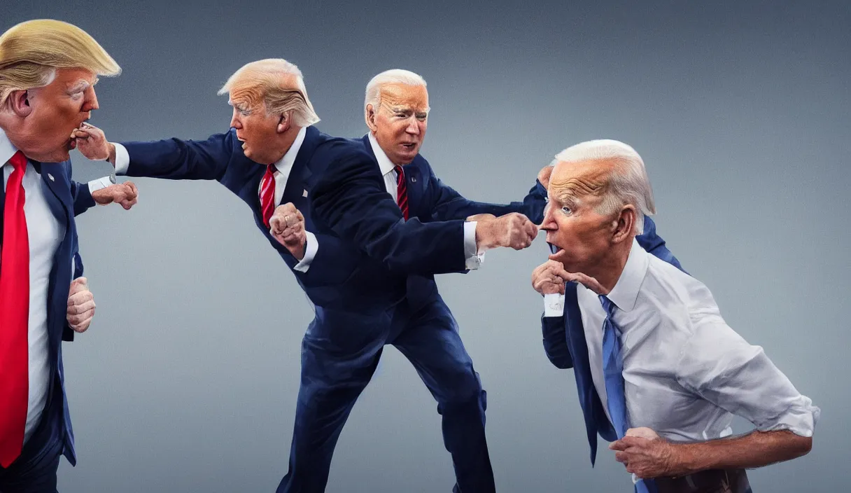 Image similar to a beautiful painting of donald trump and joe biden in a fist fight, cinematic angle, studio lighting, movie concept, trending on artstation, octane render, 8 k, ultra high detail