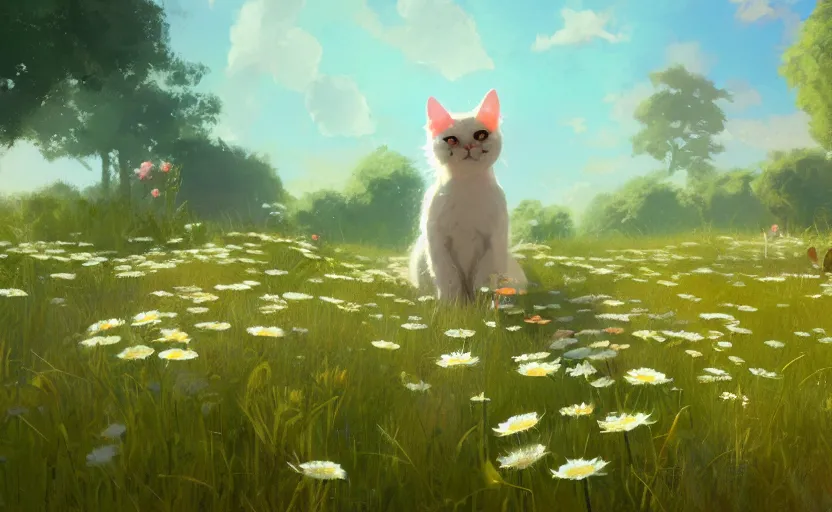 Prompt: cat and daisies, painting by craig mullins, octane rendering, soft morning lighting, wide angle lens, in the style of hayao miyazaki, trending on artstation