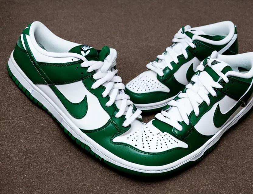 Image similar to a press photograph of nike dunk low pine green and white, size 1 0, white background