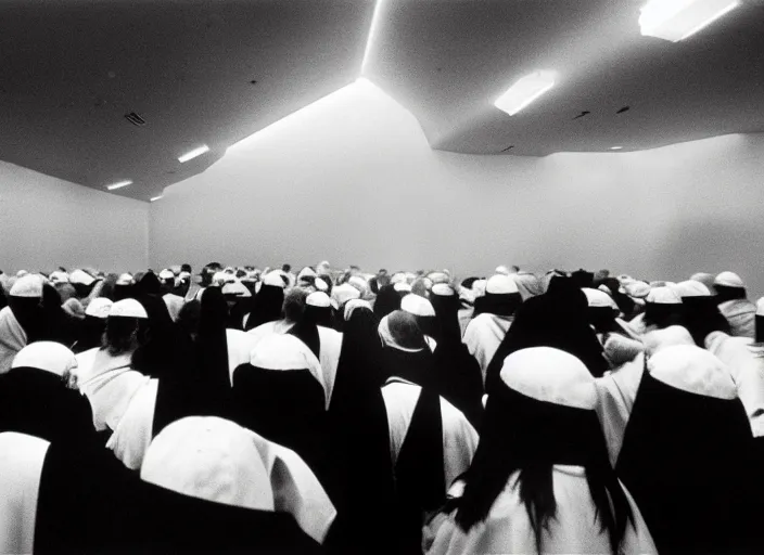 Prompt: realistic photo of the dark black clouds in an empty room. people in white robes are watching. displays are shiny 1 9 9 0, life magazine reportage photo