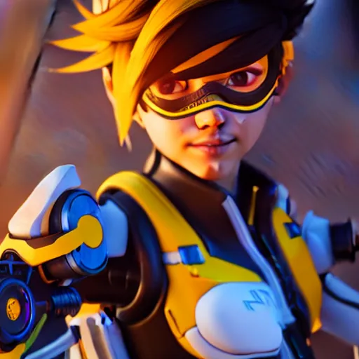 Image similar to tracer from overwatch as child, overwatch design, octane render, 4 k, ingame shot