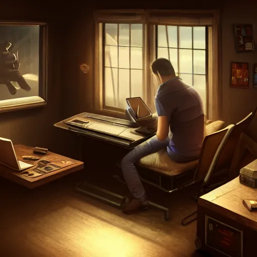 Image similar to realistic man using laptop in gaming room, artstation trends, concept art, highly detailed, intricate, sharp focus, digital art, 8 k