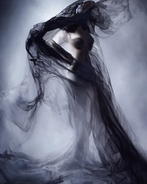 Prompt: professional render ethereal ghostlike valkyrie figure fluid simulation in houdini dancing in dark smoke robes and silk veils by ilm, paolo roversi, nick knight, gill elvgren, beautiful simplified form distorted by turbulent movement, dark studio background, vivid, romantic, trending on artstation, hyperrealism, matte painting, dutch golden age, fine detail, cgsociety