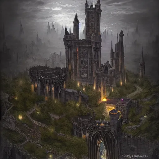 Image similar to a lonely and impossibly tall ominous palace dark citadel tower of the evil patriarch, battlements, castle wall, portcullis, on a plateau island in a river elevated high above the city, flintlock fantasy capital city, scary gothic architecture, ultrawide lense, aerial photography, unreal engine, exquisite detail, 8 k, art by greg rutkowski and alphonse mucha