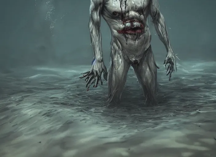 Image similar to a creepy drowned man crawling out of the water, white eyes, slimy, veiny skin, muscles, standing in shallow water, drowned, unsettling, creepy, artstation, cgsociety, illustration