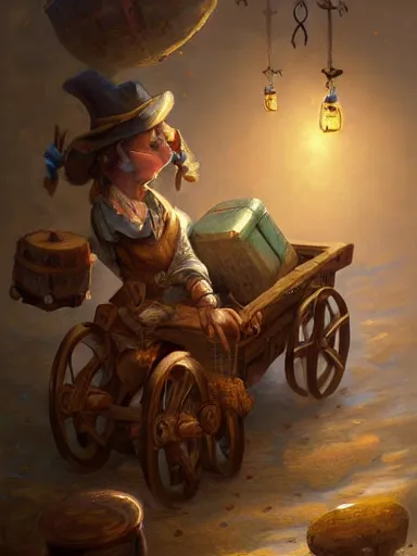 Prompt: a tinker carrying a giant wagon full of trinkets and hanging artifacts. intricate, elegant, highly detailed, digital painting, artstation, concept art, sharp focus, illustration, by justin gerard and artgerm, 8 k