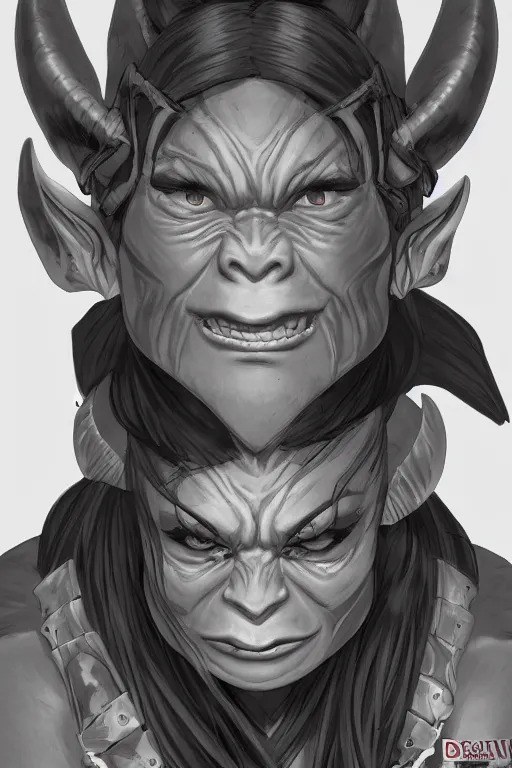 Image similar to portrait of a female orc warrior in Yusuke Murata style, D&D, dungeons and dragons, anime, manga, rpg, jrpg, pixiv, trending on artstation, HD