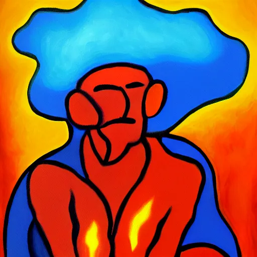 Prompt: a painting of a fire - man