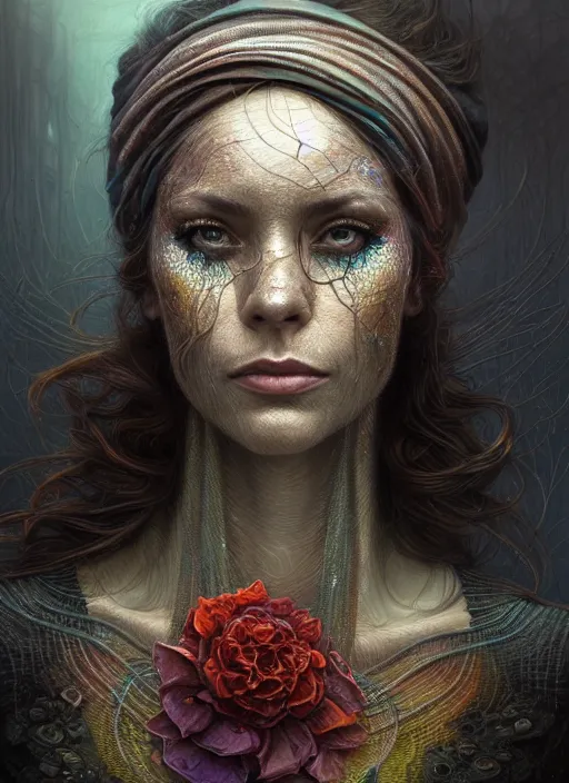 Image similar to closeup portrait shot of a glitched woman wearing a bandana in a scenic dystopian environment, intricate, elegant, highly detailed, centered, digital painting, artstation, concept art, smooth, sharp focus, illustration, artgerm, tomasz alen kopera, peter mohrbacher, donato giancola, joseph christian leyendecker, wlop, boris vallejo