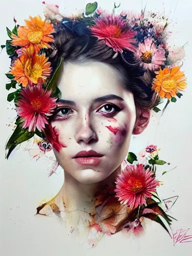 Prompt: portrait of elizabeth bert with a floral background : : painted by artgerm, karol bak, artur bordalo, sandra chevrier : : portrait, character, illustration, hyperrealism, photorealism