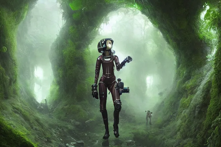 Image similar to a futuristic steampunk female astronaut full body, young face, steampunk astronaut, walking inside a very lush mossy cave by Bastien Lecouffe-Deharme and marc simonetti natural volumetric lighting, realistic, 8k, octane render, beautifully detailed render, 4k post-processing