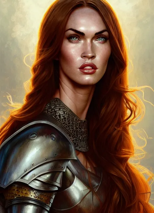 Image similar to portrait of megan fox as a knight, medival armor, redhead, sword, dark ages, intricate, headshot, highly detailed, digital painting, artstation, concept art, sharp focus, cinematic lighting, illustration, art by artgerm and greg rutkowski, alphonse mucha, cgsociety