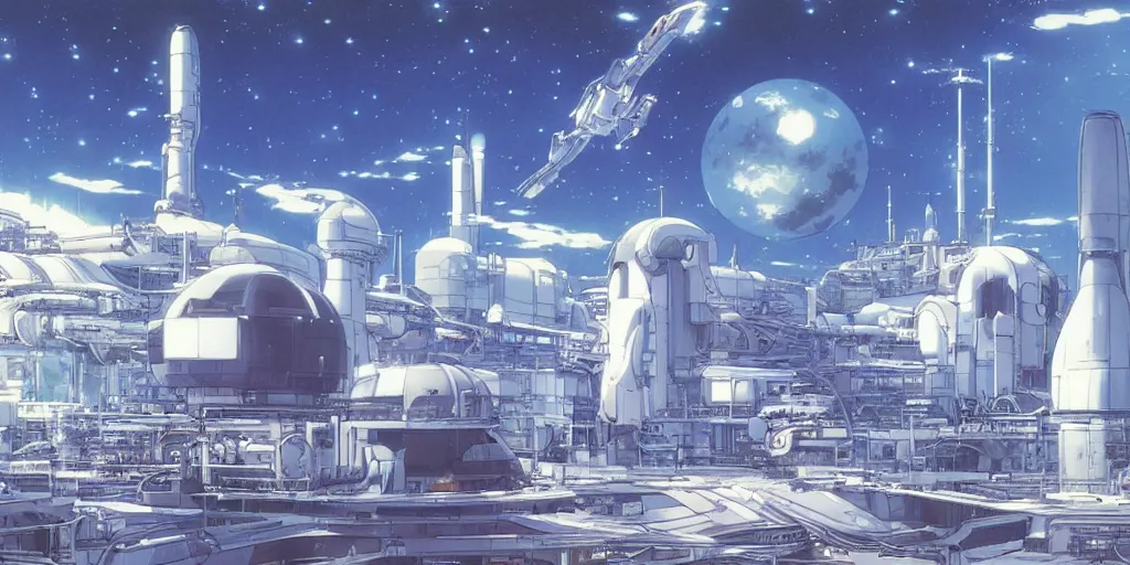 Prompt: spaceship factory, art by makoto shinkai and alan bean, yukito kishiro