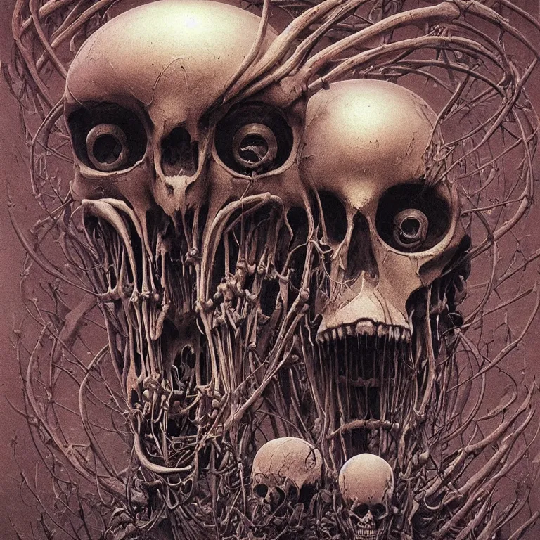 Prompt: organic cyborg alien skeleton alien centipede planet face style of zdzislaw beksinski surrealism poster art album cover contrast skull eyeballs KILL KILL KILL