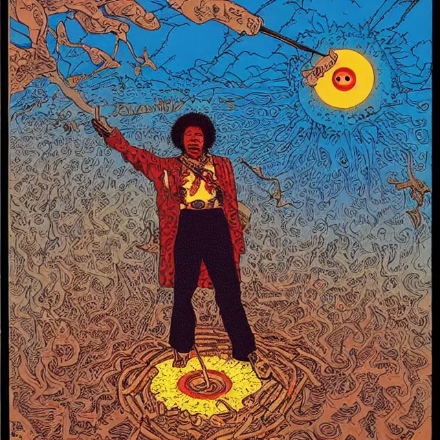 Image similar to jimi hendrix standing in a voodoo circle at the beginning of the world by jean giraud and moebius