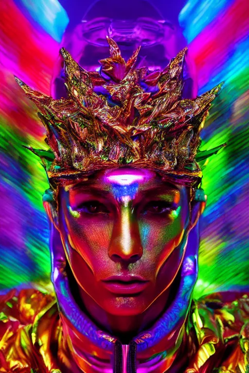 Prompt: hyper detailed ultra sharp portrait of baroque and bladerunner delicate neon sapphire sculpture of seductive onyx prince royce tigers rainbowiridescent humanoid deity wearing metallic hoody made out of leaves holding the sun prismatic dungeon, glowing rainbow face, crown of white diamonds, cinematic lighting, photorealistic, octane render 8 k depth of field 3 d