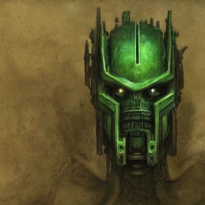 Prompt: portrait of a green Optimus Prime from Transformers, clockwork dieselpunk, head and chest only, by Beksinski, 4k, deviantart, trending on artstation