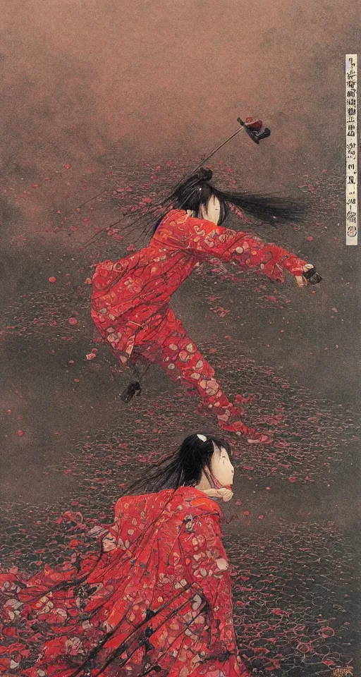 Image similar to Japanese schoolgirl runs away from Samurai with a katana on the subway, high detailed Beksinski painting, part by Adrian Ghenie and Gerhard Richter. art by Takato Yamamoto. masterpiece, deep colours, red