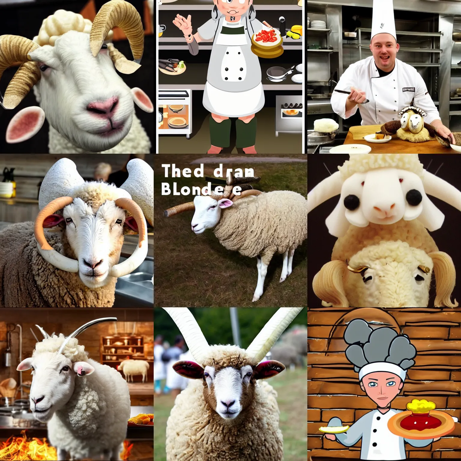 Prompt: sheep ram with horns as a chef with blonde hair