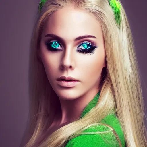 Prompt: A beautiful woman with long blonde hair and light green iris and winged black eyeliner, full body portrait, highly detailed, excellent composition, dramatic lighting, realistic 4k