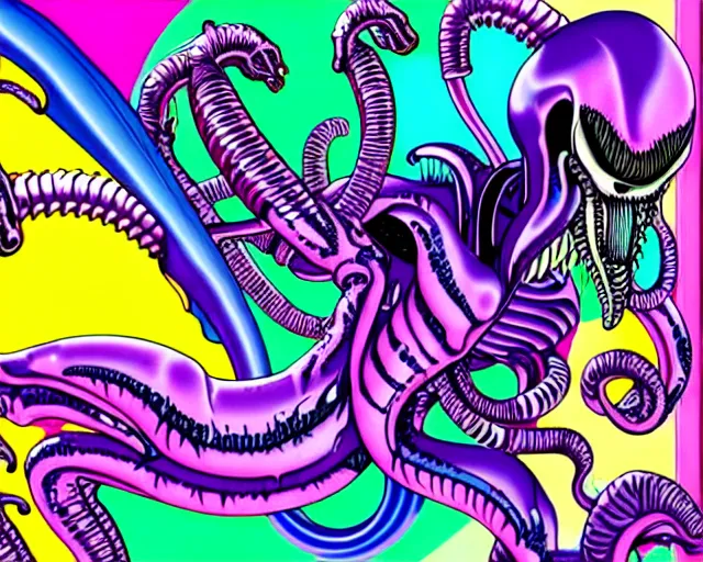 Image similar to lisa frank's xenomorph buffet