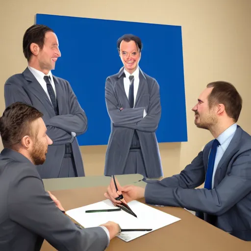Prompt: hyperrealistic painting image where 3 happy businessmen appear in a business meeting