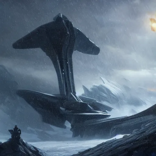 Image similar to an giant creature with long tongue attacking an starship in blizzardy mountains, Matte painting , detailed painting, greg rutkowski