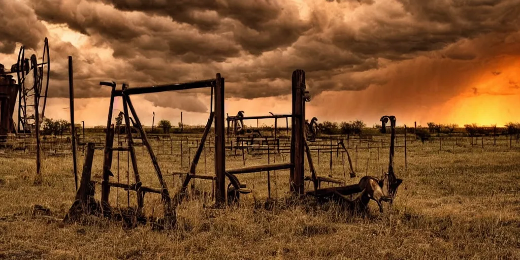 Image similar to photo of a stormy west texas sunset, perfect rustic ( ( pumpjack ) ), abandoned train, horses, cows, high resolution lightning, golden hour, high detail, beautiful!!!